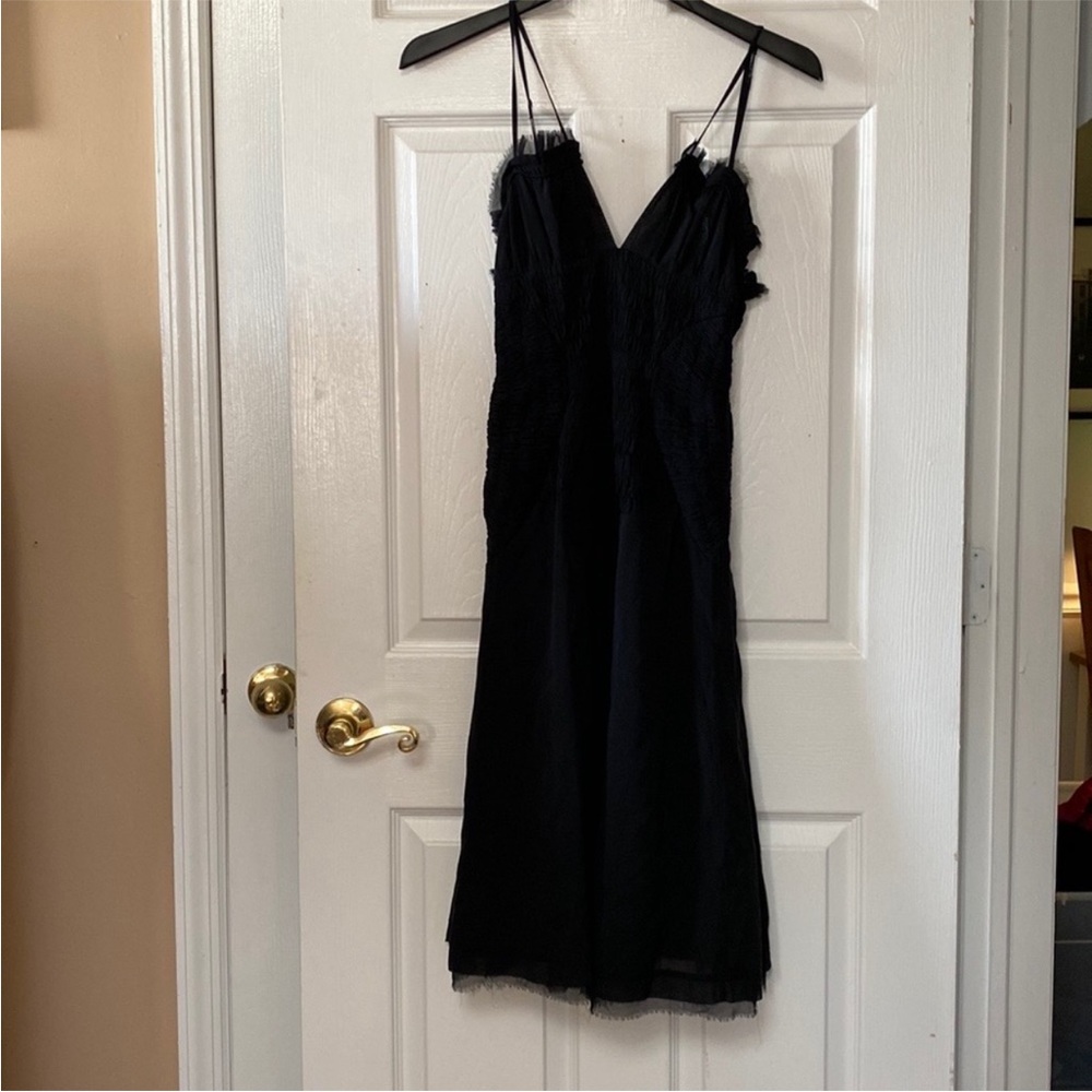 L.A.M.B Gwen Black Silk Gathered Evening Dress with Velvet Belt - Picture 2 of 12